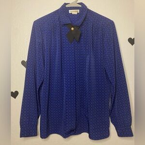Vintage Premiere of California Geometric Blouse – Detachable Bow – Blue & Black
